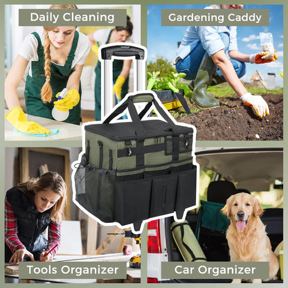 SCAVATA Rolling Cleaning Caddy Bag with Detachable Trolley, Large Cleaning Supplies Organizer with Wheels, Multi Pocket Cleaning Cart with Adjustable Shoulder Strap for Housekeepers & Home Use, Black