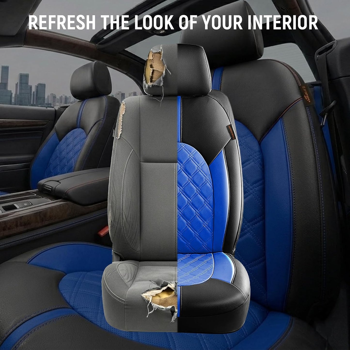 CAROMOP Luxury PU Leather Car Seat Covers Full Set-Waterproof Seat Protectors with Split Bench Seat Covers for Cars-Universal Cars Interior Covers for Sedans, SUVs, Pick-up Trucks(Gray/Gray Line)