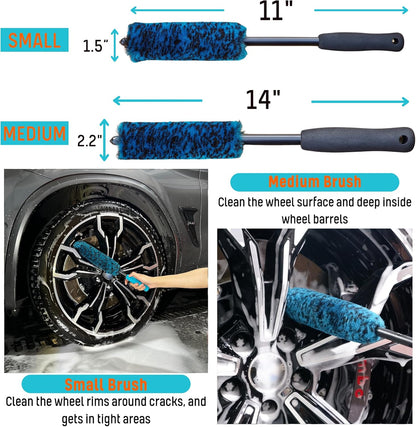 oesee Professional 4 Pack Long Handle Wheel Brush Kit for Cleaning Wheel and Tire- 2X Soft Wheel Cleaning Brush, Detailing Brush and Stiff Tire Brush, Bendable& Durable Wheel Rim Cleaner Brush Set