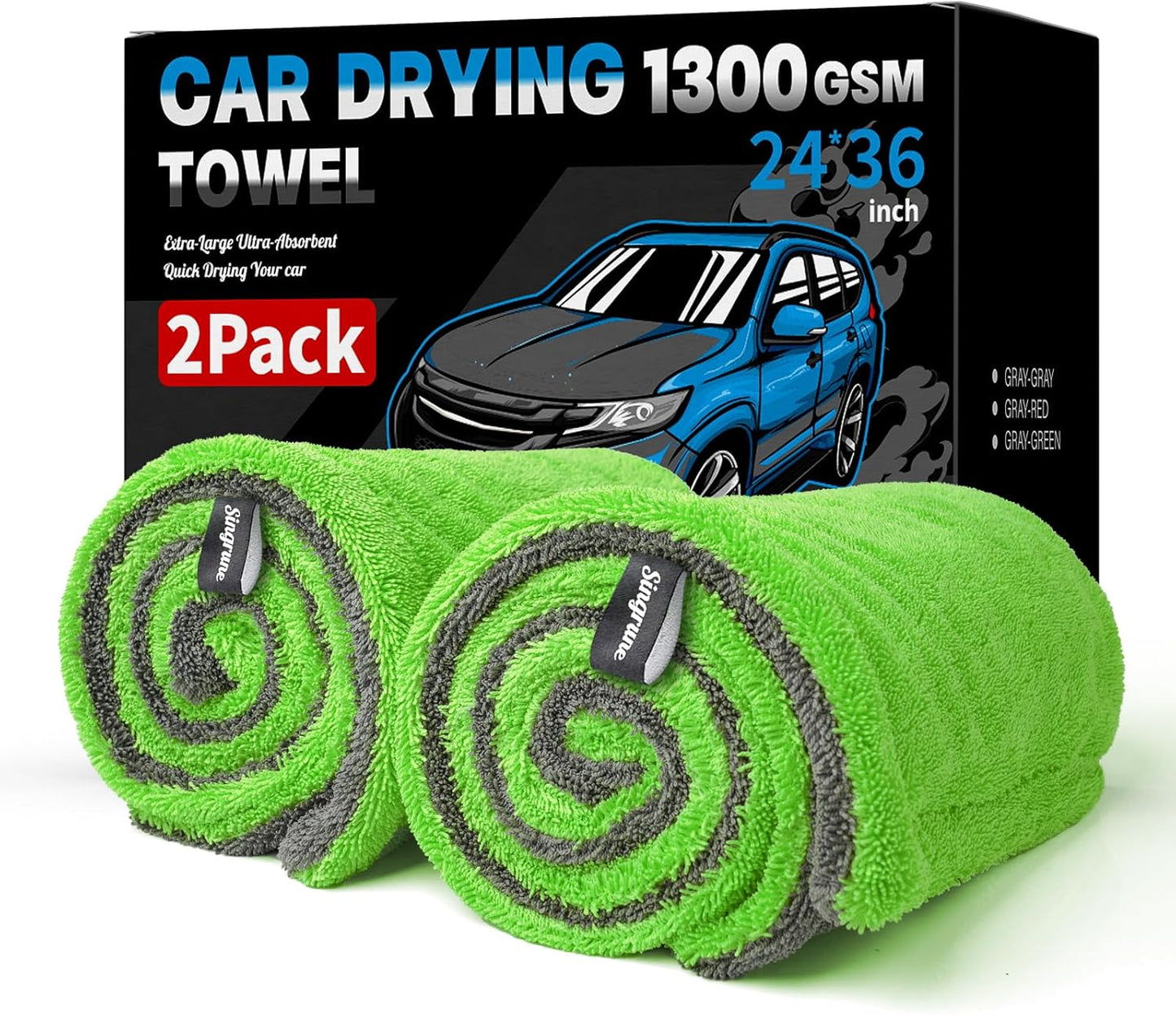 2 Pack XL Car Drying Towel – 1300GSM Ultra Absorbent Microfiber, 24"x36" Large Size, Twisted Loop, Lint-Free & Streak-Free for Auto Detailing, Car, SUV, Truck (Gray-Gray)