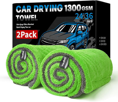 2 Pack XL Car Drying Towel – 1300GSM Ultra Absorbent Microfiber, 24"x36" Large Size, Twisted Loop, Lint-Free & Streak-Free for Auto Detailing, Car, SUV, Truck (Gray-Gray)