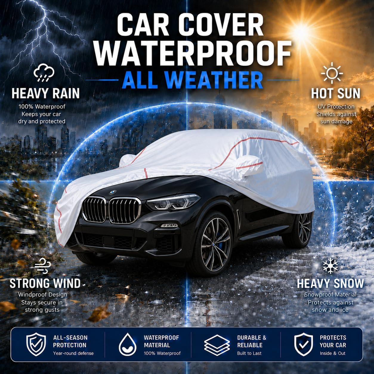 Car Cover for Sedan, Waterproof All Weather Heavy Duty, 360° Underbody Wrap Windproof Design, Quick Install Outdoor Vehicle Cover, Fits 186-193 in