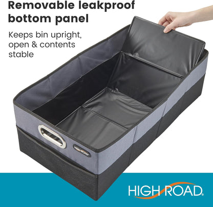 High Road CargoCube Car Storage Bin - Leakproof Car Trunk Storage Organizer with Metal Handles and Front Mesh Pocket (Square)
