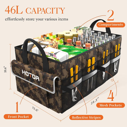HOTOR Trunk Organizer - Car Organizer with 5 Pockets, Trunk organizer for SUV, Sedan & Van, Car Organization with Sturdy Base Panel for Car Accessories, Black, 2 Compartments, 21.3"×12.6"×10.6"