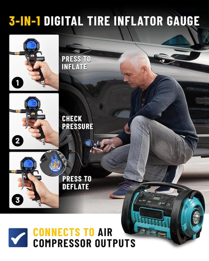 Tire Inflator with Pressure Gauge and Longer Hose - Most Accurate, Heavy Duty Air Chuck with Gauge for Air Compressor Tire Inflator Attachment - 100PSI