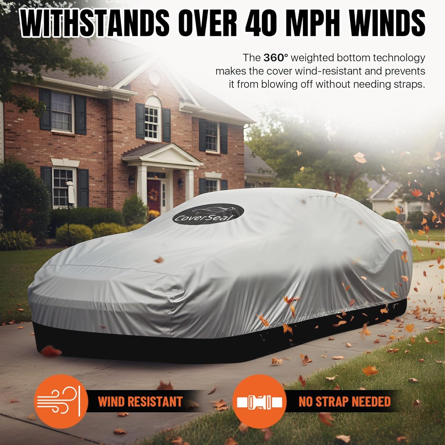 Heavy Duty Outdoor Car Cover with Patented Weighted Ground Conforming Apron Seal – Wind Resistant, Dust, & Water Protection for Automobiles - Sports Size 189 L x 75 W x 67 H inch Max