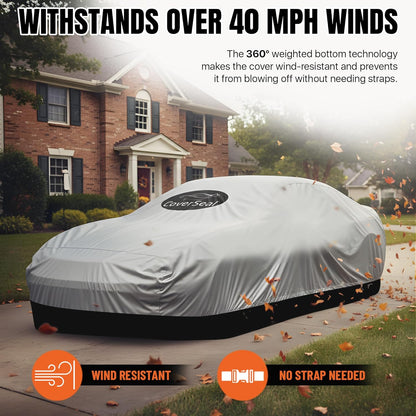 Heavy Duty Outdoor Car Cover with Patented Weighted Ground Conforming Apron Seal – Wind Resistant, Dust, & Water Protection for Automobiles - Sports Size 189 L x 75 W x 67 H inch Max