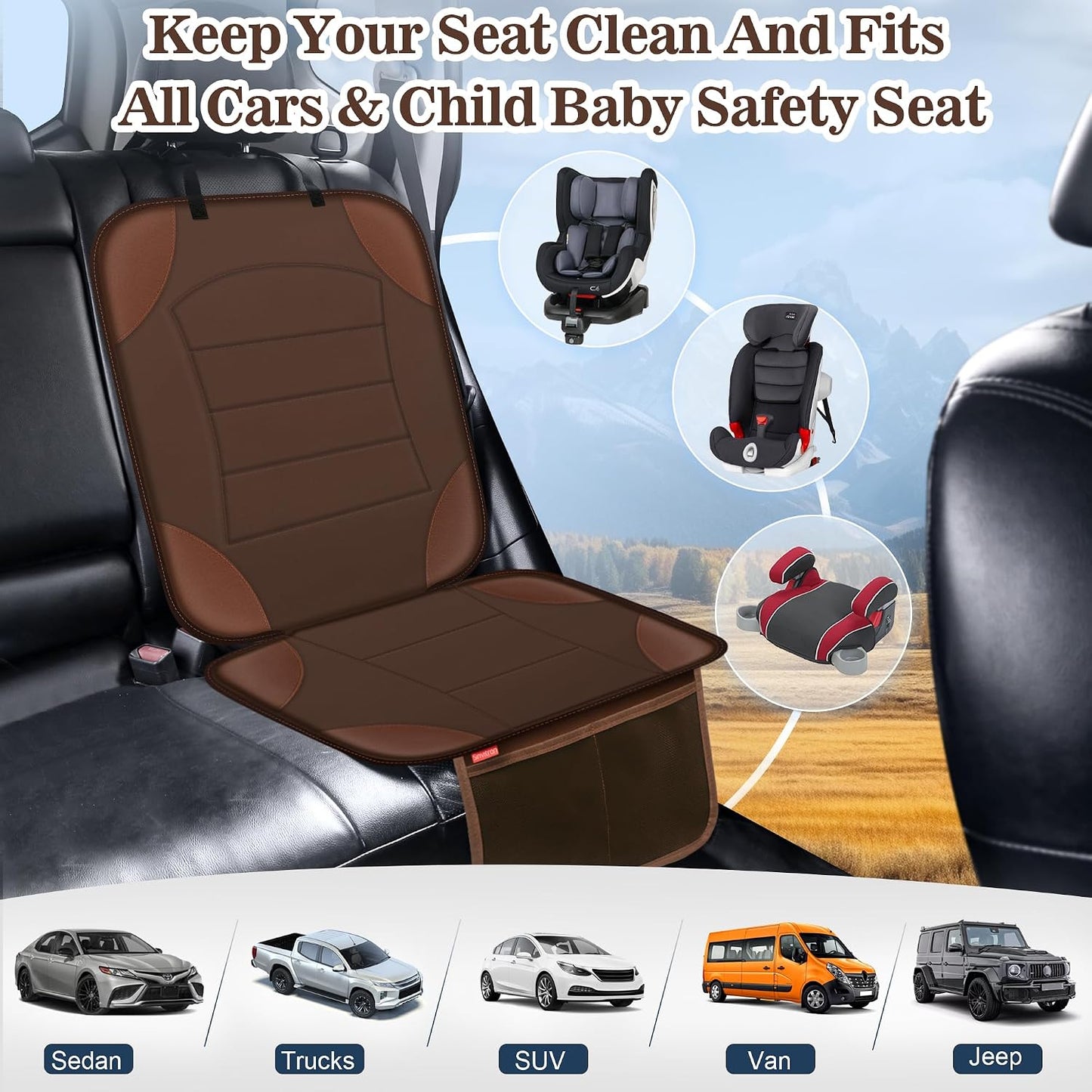 Sinvitron Car Seat Protector for Child Car Seat - Waterproof Non-Slip Leather Mat with 2 Mesh Pockets, Universal Seat Cover for Baby, Pets & Vehicles(2-Pack,Black)