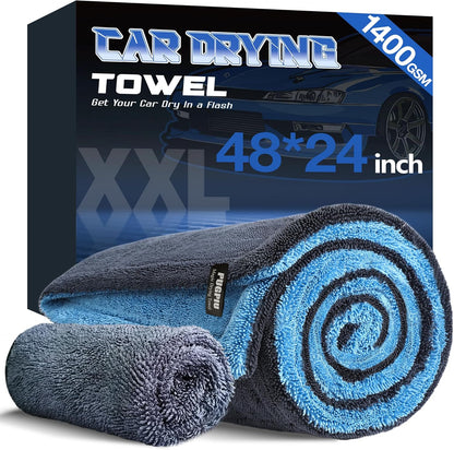 PUGPIU Microfiber Car Drying Towel Extra Large Super Absorbent 48"X24", 1400 GSM Flash Detail Car Wash Drying Towel Edgeless with Two Sided Soft Twisted-Loop, No Water Spots Streaks for Cars (Green)