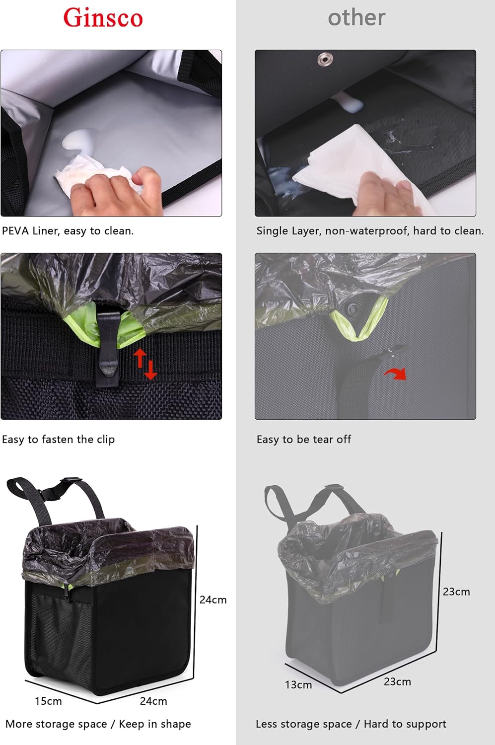 Ginsco 3 Gallons Open-Top Car Trash Can, Large Capacity Hanging Leakproof Car Trash Bag with Water-proof PEVA Liner, Stand Trash Bag for Cars Foldable Storage Bag for Cars SUV Truck RV Black