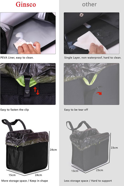 Ginsco 3 Gallons Open-Top Car Trash Can, Large Capacity Hanging Leakproof Car Trash Bag with Water-proof PEVA Liner, Stand Trash Bag for Cars Foldable Storage Bag for Cars SUV Truck RV Black