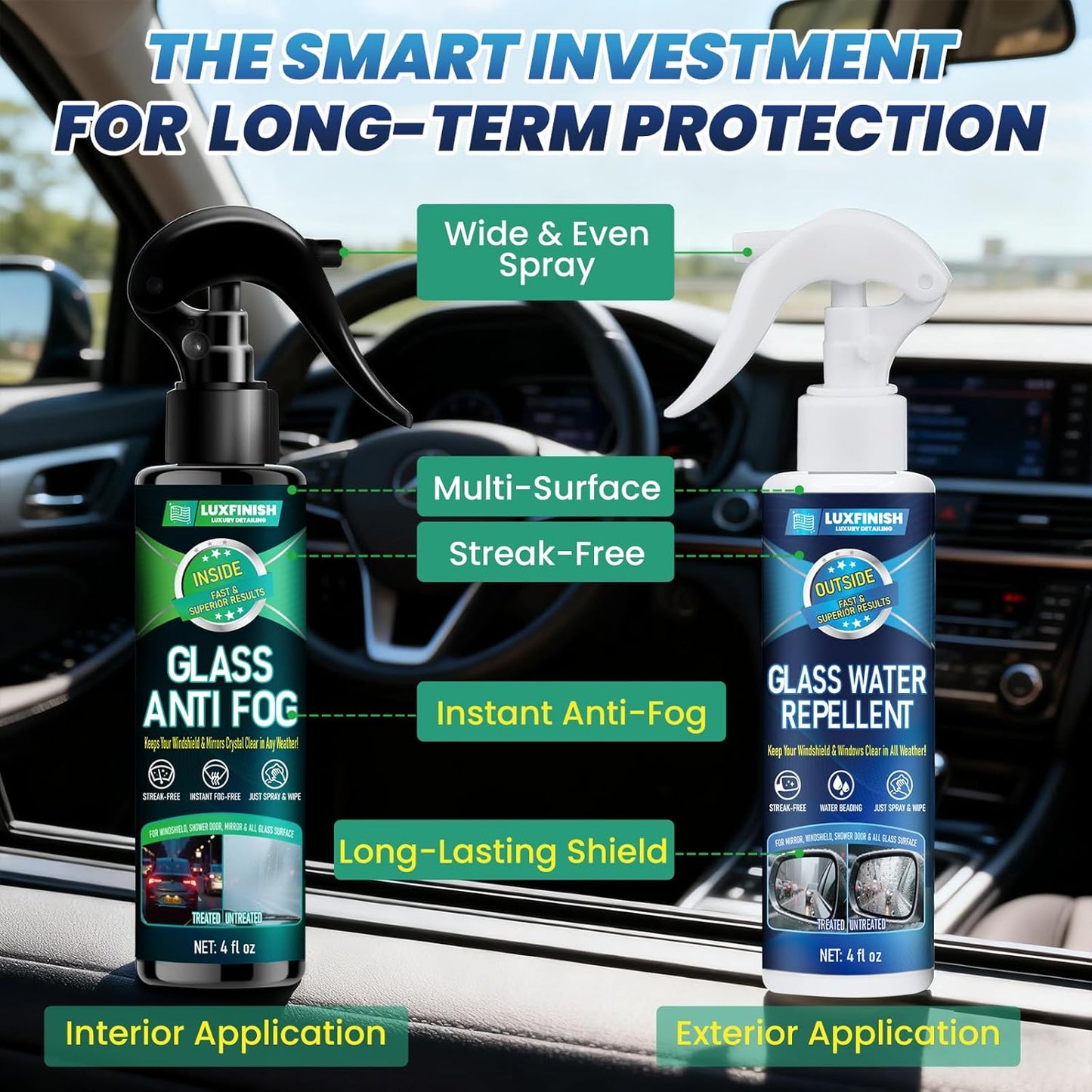 Water Repellent & Anti-Fog Spray | Quick Interior & Exterior Car Glass Bundle for Long-Lasting Clear Vision | Hydrophobic Coating for Windshield Windows Mirrors Glasses Helmets & Swim Masks