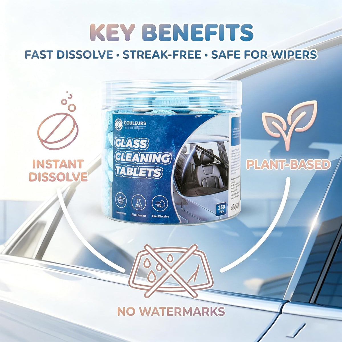 Couleurs Car Windshield Washer Tablets, Washer Fluid Tablets Glass Cleaner Concentrate Windshield Wiper Fluid Car Windshield Cleaner Automotive Glass Cleaner, 200 Pieces, 250 Pieces
