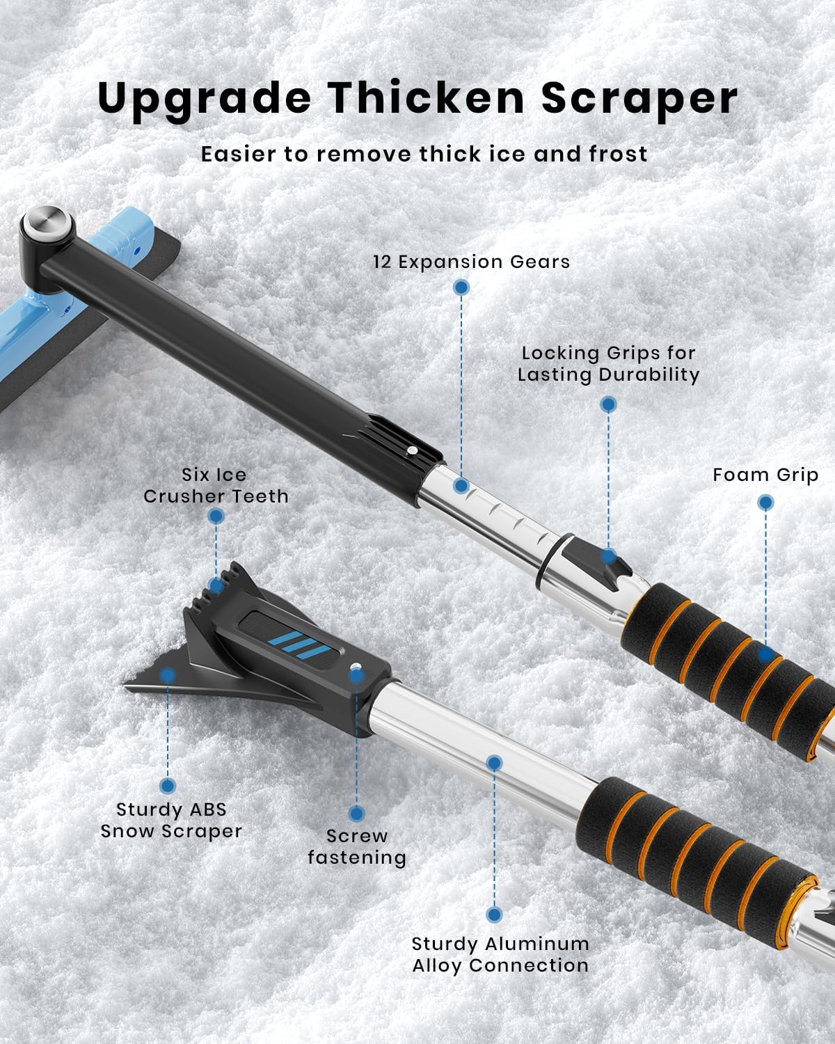 helloleiboo 43.7" Extendable Ice Scrapers for Car Windshield for 12 Adjustable Length Settings with Foam Grip and 360° Pivoting Brush Head Detachable Snow Brush for Truck SUV(Orange)