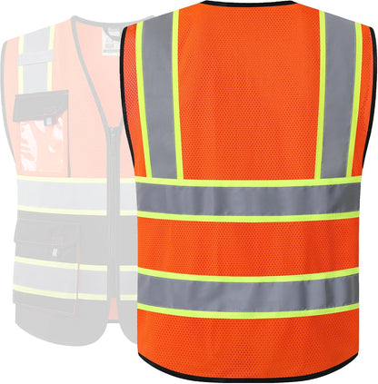 JKSafety Hi Vis Reflective Safety Vests for Men Women High Visibility Vest with Pockets Mesh Fabric Construction Safety Apparel Neon Vest for Work (220-Black L)