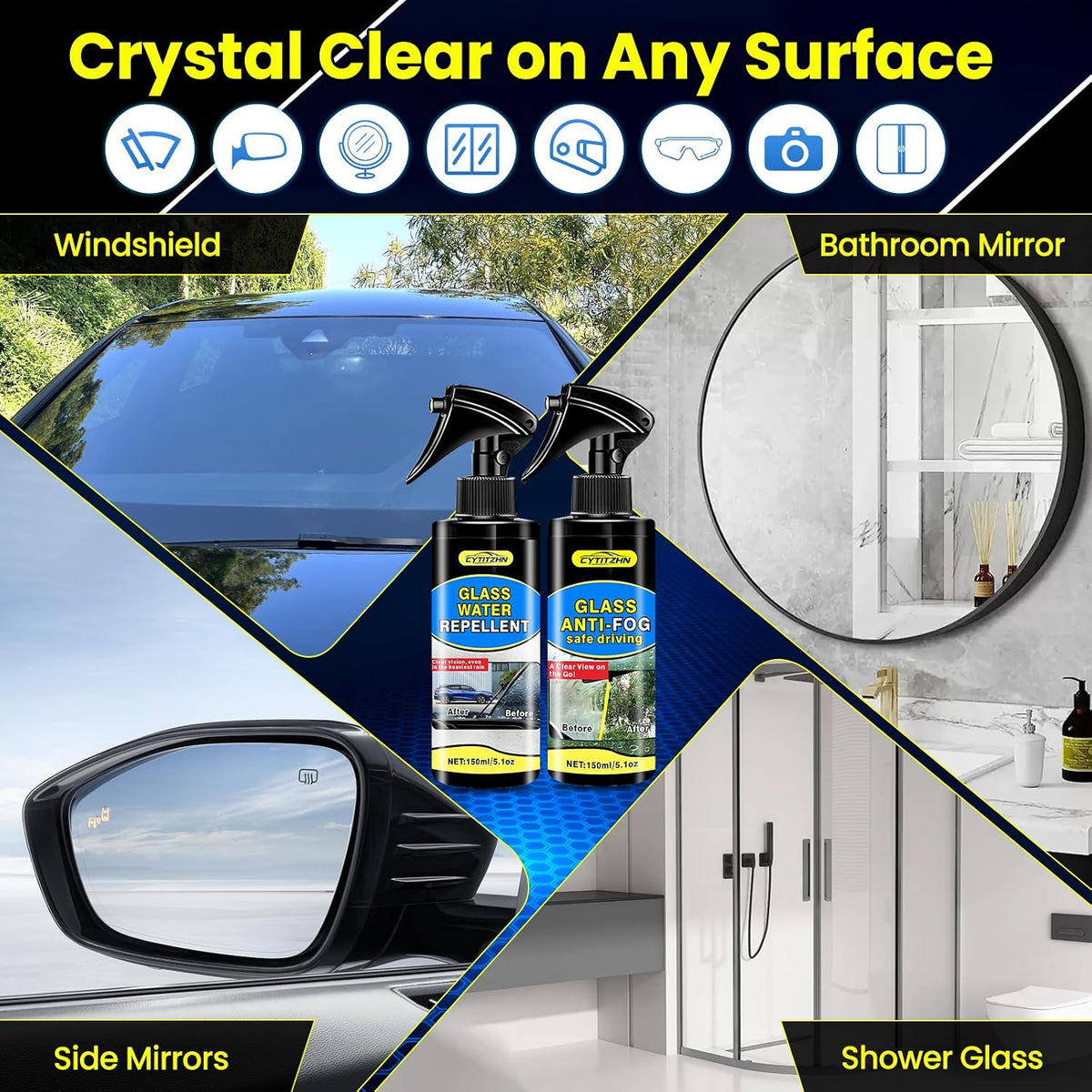 CYTITZHEN Water Repellent & Anti-Fog Spray for Quick Car Interior & Exterior Glass Care - Long-Lasting Hydrophobic Coating for Windshield, Windows, Mirrors & Helmets - Pack of 2