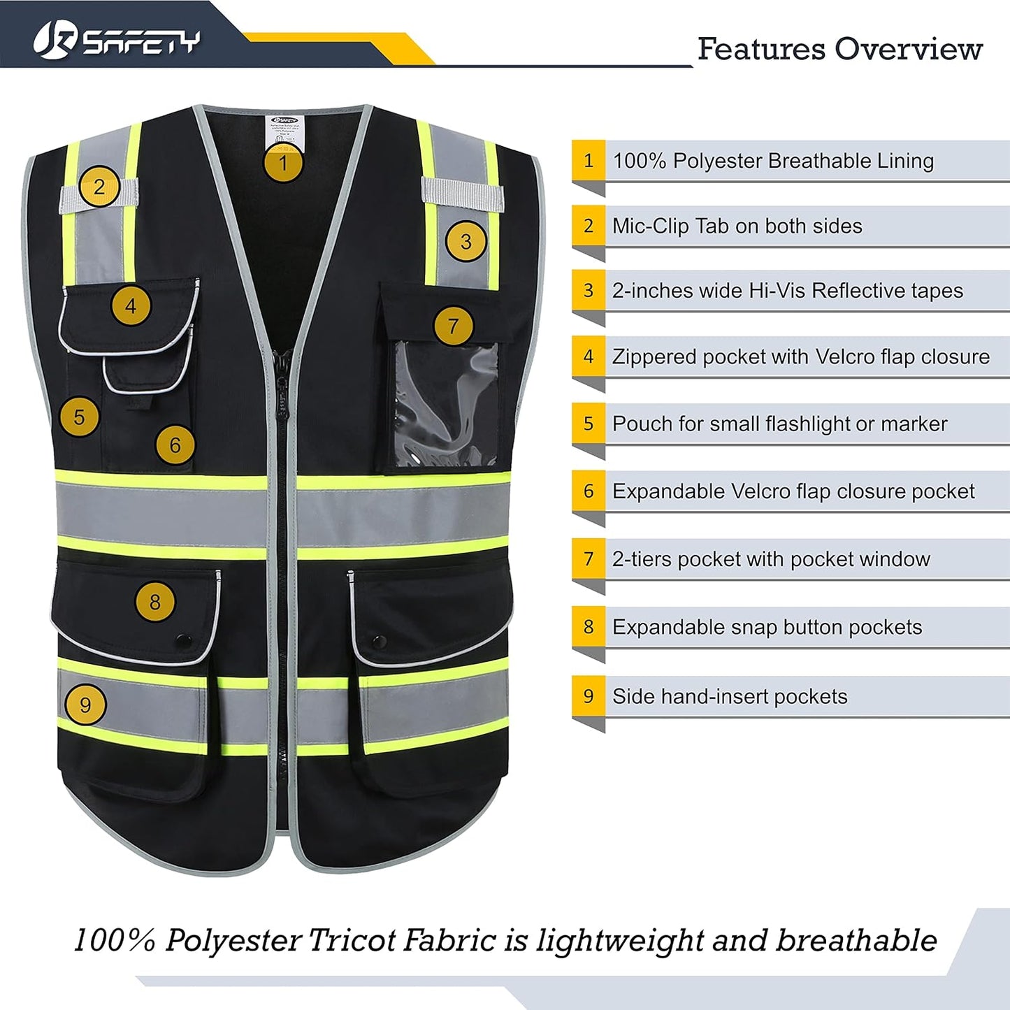 JKSafety 9 Pockets Class 2 High Visibility Zipper Front Safety Vest With Reflective Strips,Meets ANSI/ISEA Standard (Large, 150-Yellow) - Colors B
