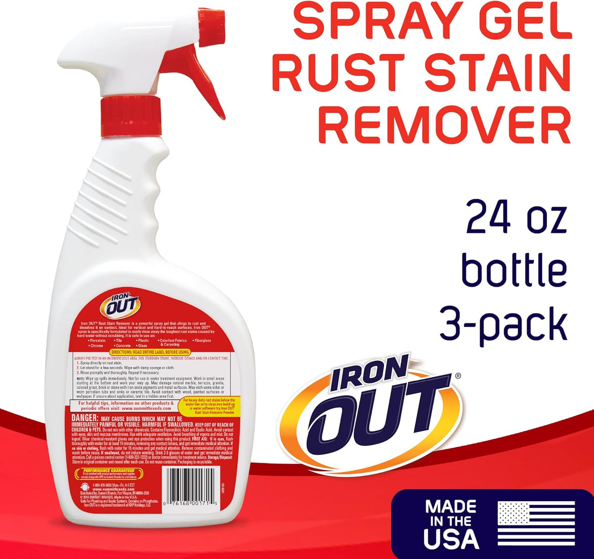 Iron OUT Rust Stain Remover Spray Gel, Remove Rust Stains in Bathrooms, Kitchens, Laundry, and Outdoors, Made in the USA, 24 Ounces