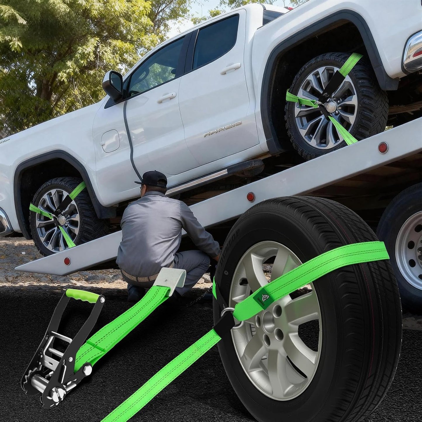 4 Pack Car Tie Down Straps for Trailers - 2" x 8' Heavy Duty Tire Straps with Snap Hooks - 10,000lbs Break Strength, Adjustable Lasso Style Wheel Straps for Hauling Cars, Truck, UTV(Green)