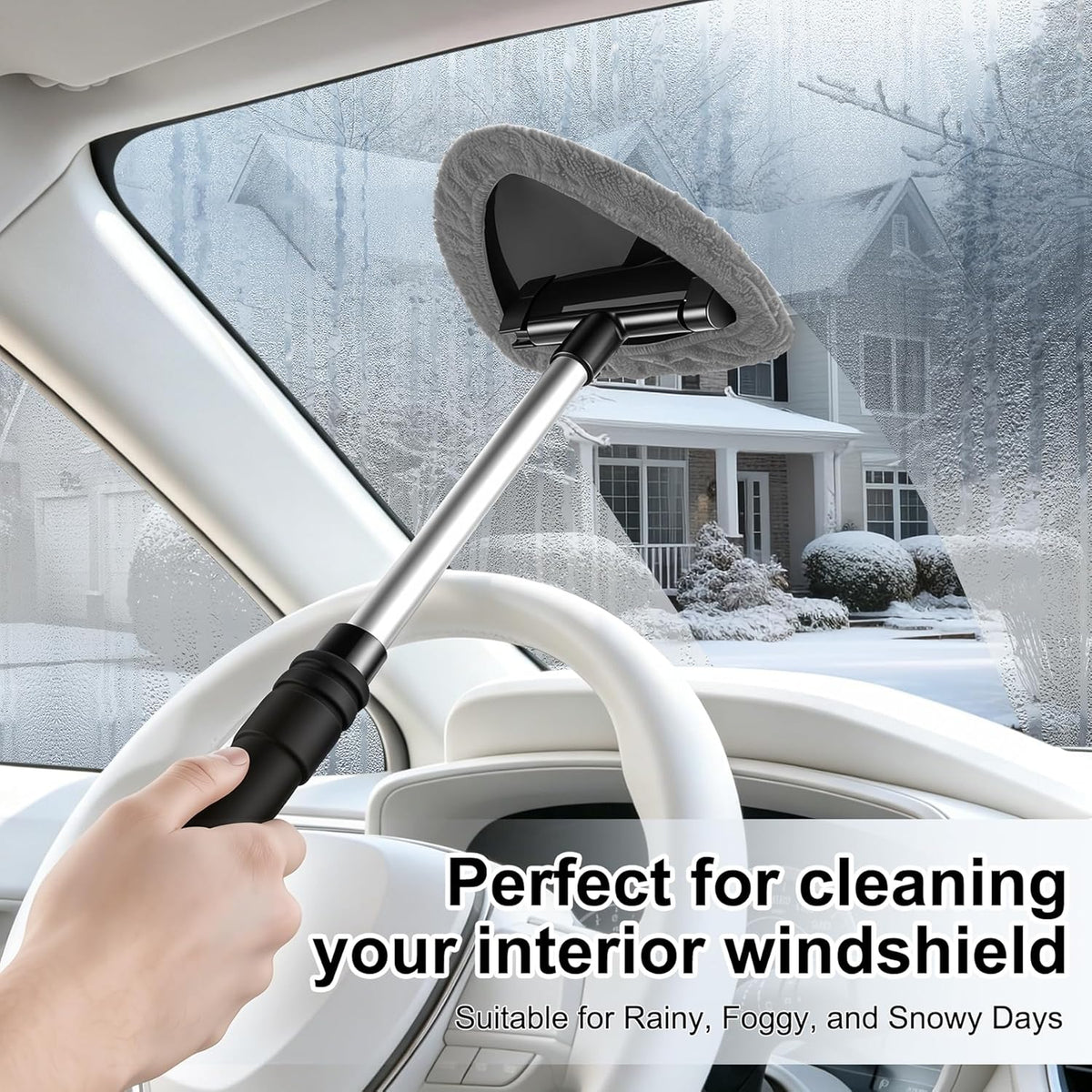 JUSTTOP Windshield Cleaner Tool, Car Interior and Exterior Window Cleaning Kit with Extendable Handle & 4 Reusable Microfiber Pads, Auto Glass Wiper Brush Kit for Car & Home Windows (Green)
