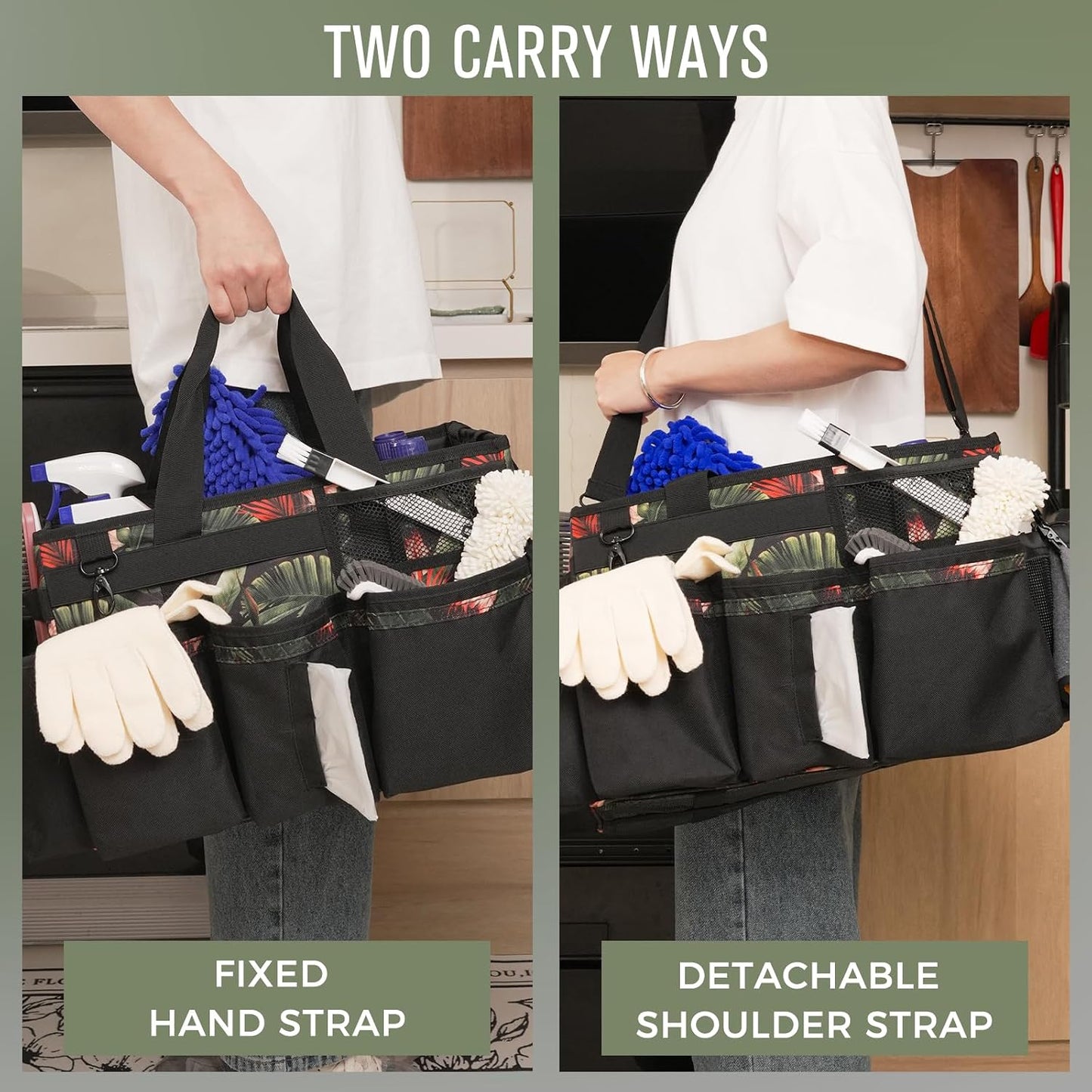 SCAVATA Wearable Cleaning Caddy Organizer with Handle & Shoulder Straps for Housekeepers, Under Sink & Car Cleaning Tool Organizer Bag with 4 Foldable Dividers (Green)