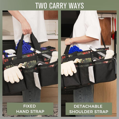 SCAVATA Wearable Cleaning Caddy Organizer with Handle & Shoulder Straps for Housekeepers, Under Sink & Car Cleaning Tool Organizer Bag with 4 Foldable Dividers (Green)