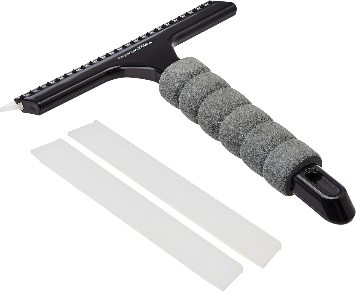 Amazon Basics All-Purpose Window Squeegee with Handle for Car Windshield, Shower, Glass, Mirror Cleaning, Silicone Rubber Blade, Streak-Free Results, Lightweight, Black, 8-inch