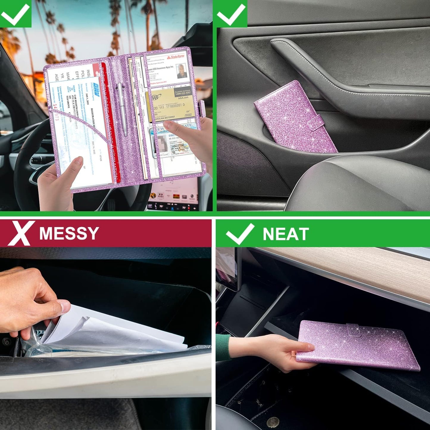 RSAquar Car Registration and Insurance Holder, Vehicle Glove Box Organizer Cool Car Accessories, Auto Truck Document Holder for Cards, Driver License, Black Glitter