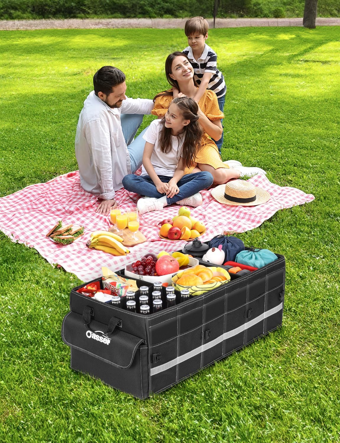 Oasser Car Trunk Organizer, 3 Compartments Collapsible Waterproof Car Organizer Storage with Foldable Cover, Reflective Strip, Non-Slip Bottom, 4 Mesh Pockets for SUV/Truck/Sedan/Camping/Road Trip