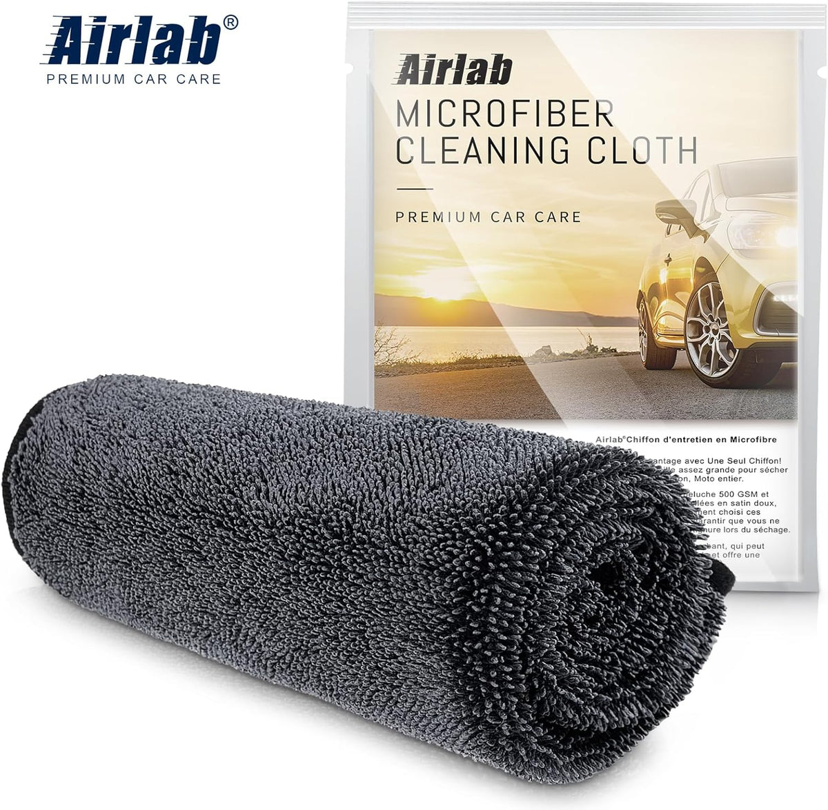 Airlab Microfiber Towels for Cars Wash Drying Thick Plush Cleaning Cloth Auto Detailing Super Absorbent for Interior & Exterior Lint Free, Streak Free, 16" X 16", 800 GSM, Pack of 4