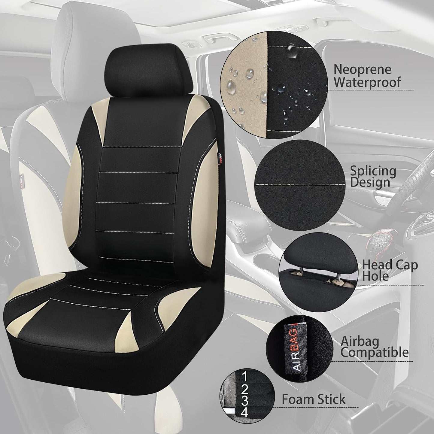CAR PASS Waterproof Car Seat Covers Front Seats Only with 5mm Composite EVA, Neoprene Car Seat Cover with Separate Headrest Cover, Quick Setup Universal Fit for Car SUV Trucks,Airbag Compatible（Gray