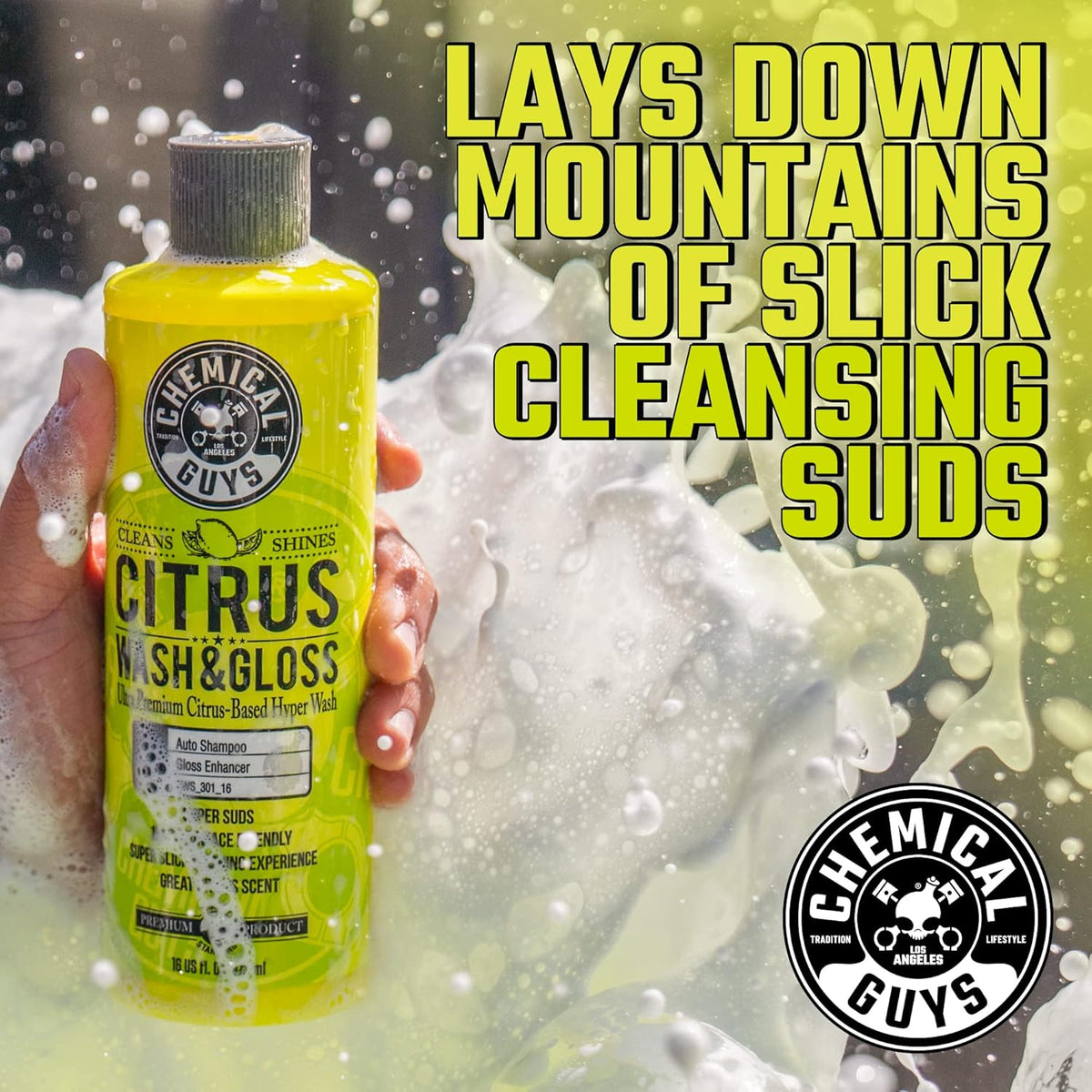 Chemical Guys Citrus Wash & Gloss Foaming Car Wash Soap - High Suds Formula Foam Cannon Soap for Foam Blasters, or Bucket Washes - Safe on Paint, Clear Coat, and Wax, Citrus Scent - 16 oz