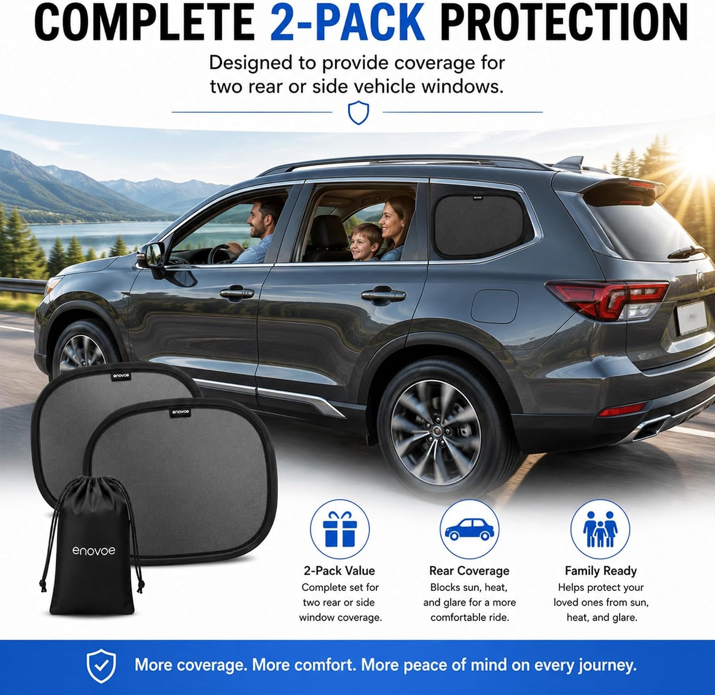 Enovoe Car Window Shades for Baby (4 Pack) - 21"x14" - Sun Shade Blocker, Cling - Glare Shield and UV Rays Protection for Your Child - Side Windows Screens for SUV- Mesh Window Shades for Car Baby