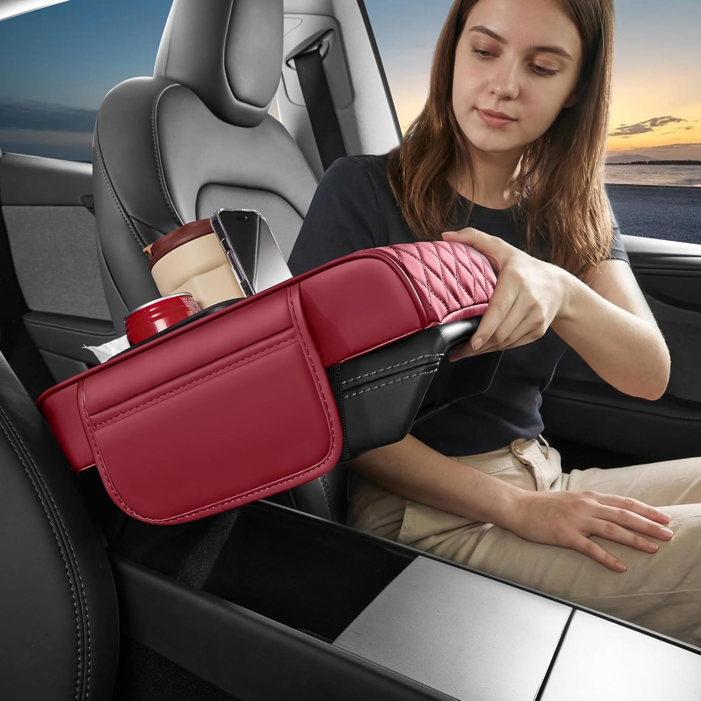 5 in 1 Car Center Console Cover, Armrest Pad with 2 Storage Pockets, Cup Holder, Tissue Slot, Phone Holder, Nappa Leather Memory Foam Car Accessories for SUV Sedan Truck (Black)