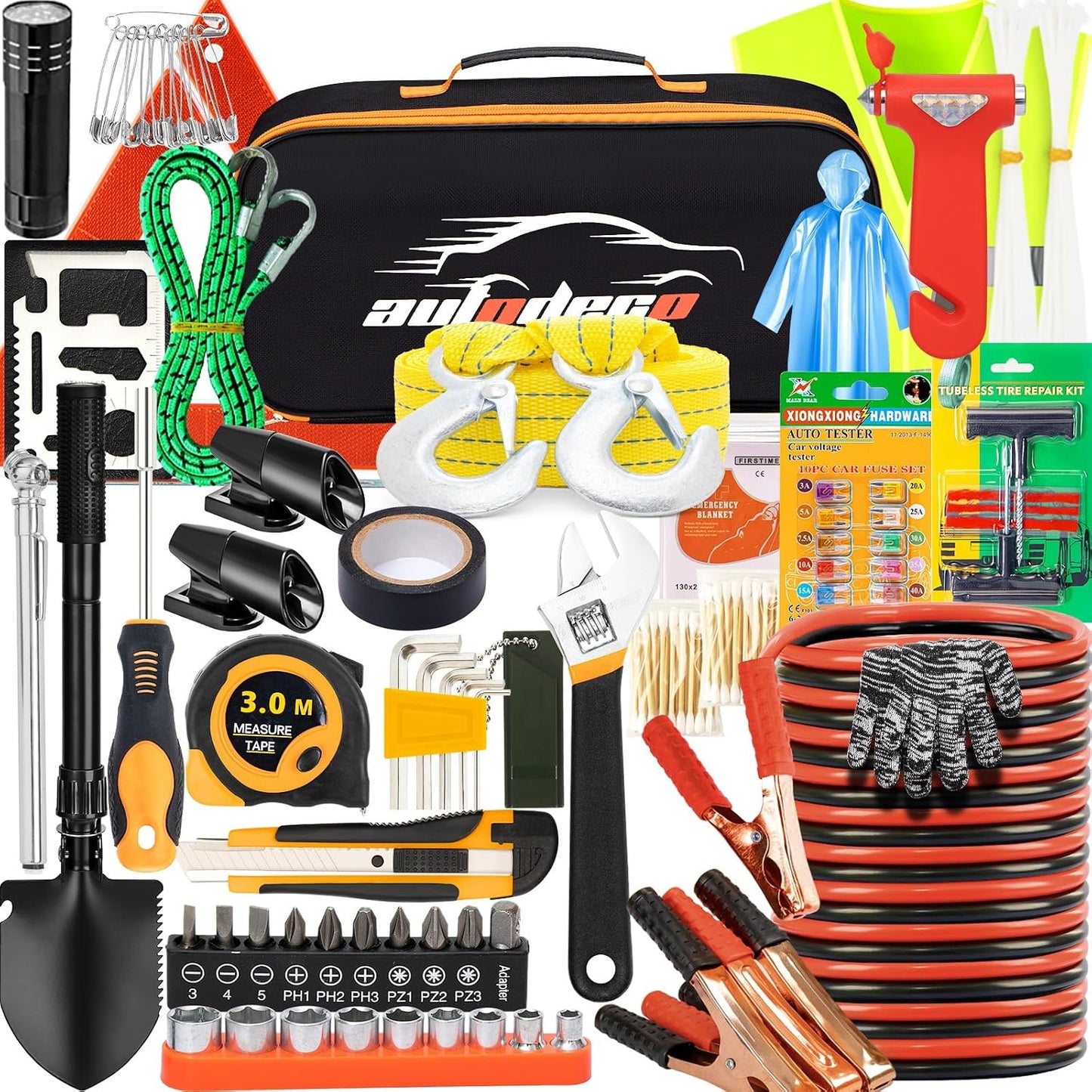 82Pcs Car Roadside Emergency Kit with Jumper Cable - Automotive Safety Kit with Shovel