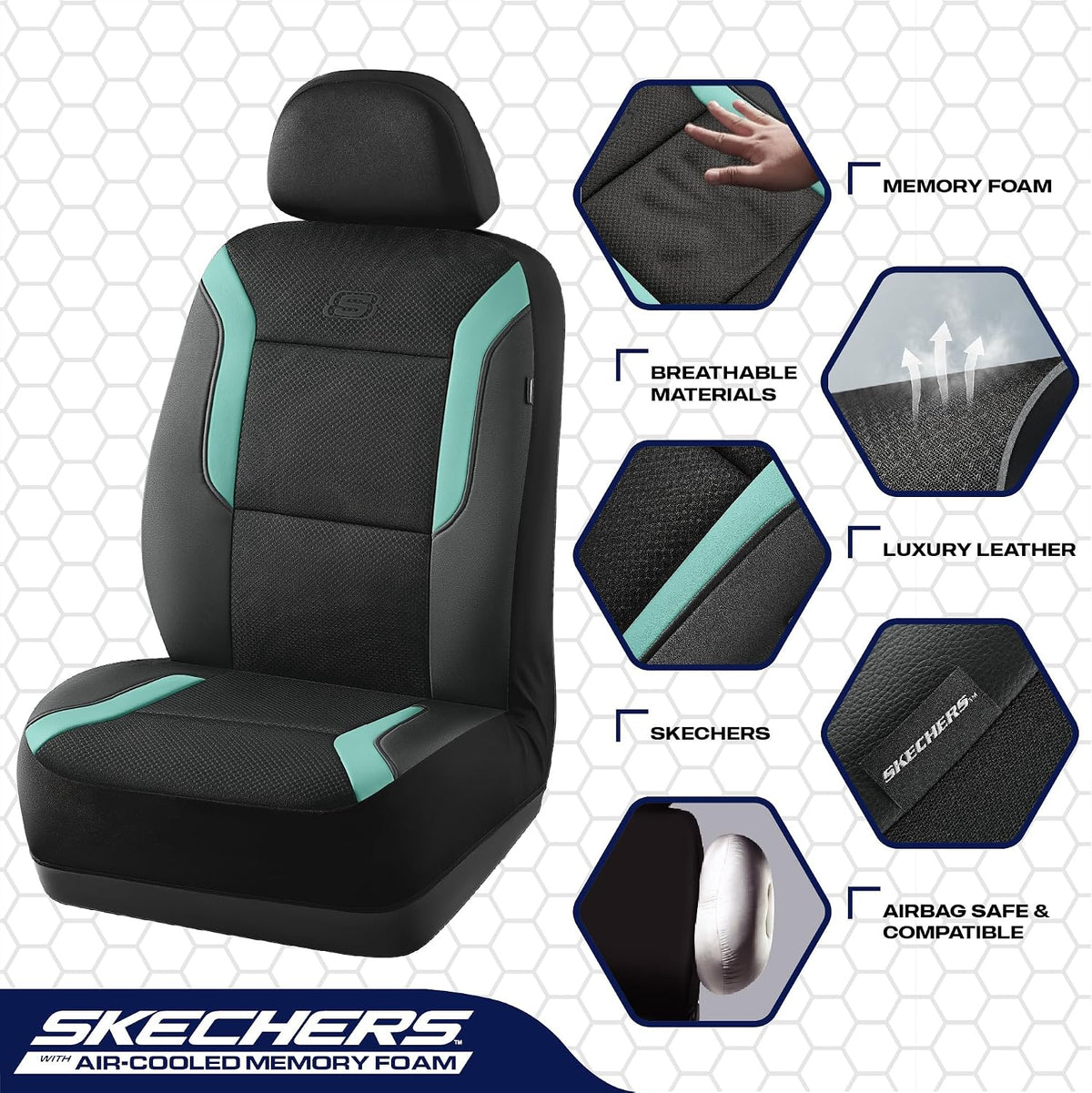 Skechers Memory Foam Seat Covers, Air Cool Mesh Thick Car Seat Covers, Car Seat Covers Front Seats Airbag Compatible, Universal Automotive Comfort for Most Cars, Vans, Trucks, SUV,Black