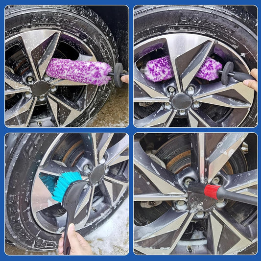 5 Pack Car Wheel and Tire Cleaner Brushes Kit Auto Motorcycle Rim Ultra Soft Microfiber No Spatter Bendable Woolies Bristle Cleaning Set (Red & Black)