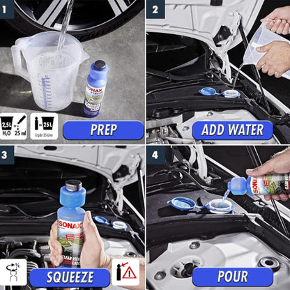SONAX Clear View Concentrate 271141 | High-Performance Windshield Cleaner Concentrate | Remove Insects, Oil, Road Grime & Film | Streak-Free Phosphate-Free Formula | Makes 6 Gallons of Cleaner | 250ml