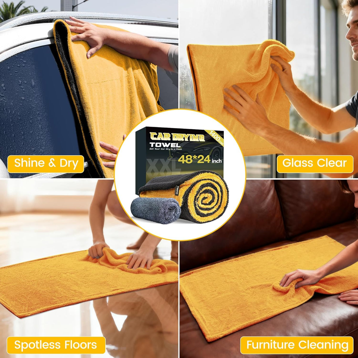 PUGPIU Microfiber Car Drying Towel Extra Large Super Absorbent 48"X24", 1400 GSM Flash Detail Car Wash Drying Towel Edgeless with Two Sided Soft Twisted-Loop, No Water Spots Streaks for Cars (Green)