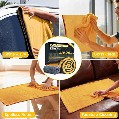 PUGPIU Microfiber Car Drying Towel Extra Large Super Absorbent 48"X24", 1400 GSM Flash Detail Car Wash Drying Towel Edgeless with Two Sided Soft Twisted-Loop, No Water Spots Streaks for Cars (Green)