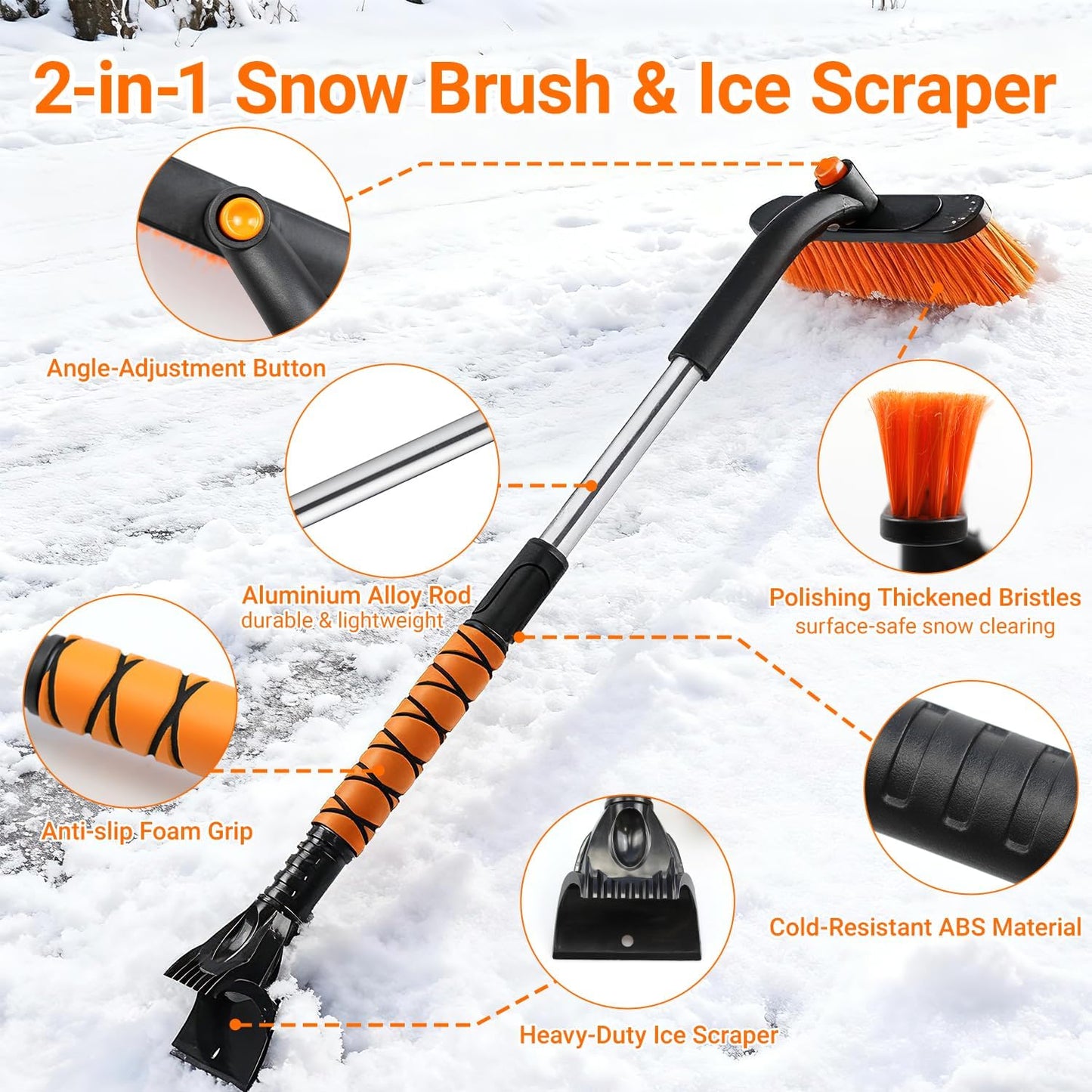 33" Extendable Snow Brush and Ice Scraper for Car Windshield, 2-in-1 Car Snow Brush & Ice Scraper with 360° Pivoting Brush Head and Comfortable Foam Grip for SUV Trucks Sedans,Orange ﻿
