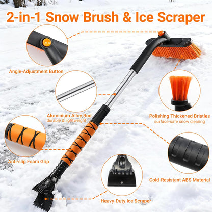 33" Extendable Snow Brush and Ice Scraper for Car Windshield, 2-in-1 Car Snow Brush & Ice Scraper with 360° Pivoting Brush Head and Comfortable Foam Grip for SUV Trucks Sedans,Orange ﻿