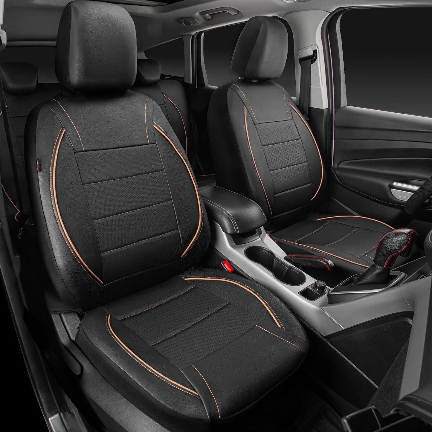CAR PASS Universal FIT Piping Leather Two Front Seat Covers, Waterproof Faux Leather for SUV Sedan Van Truck, Airbag Compatible,Reserved Opening Holes for Headrest Covers. (Black red)