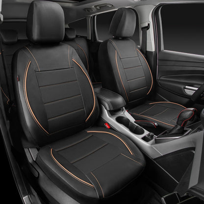 CAR PASS Universal FIT Piping Leather Two Front Seat Covers, Waterproof Faux Leather for SUV Sedan Van Truck, Airbag Compatible,Reserved Opening Holes for Headrest Covers. (Black red)