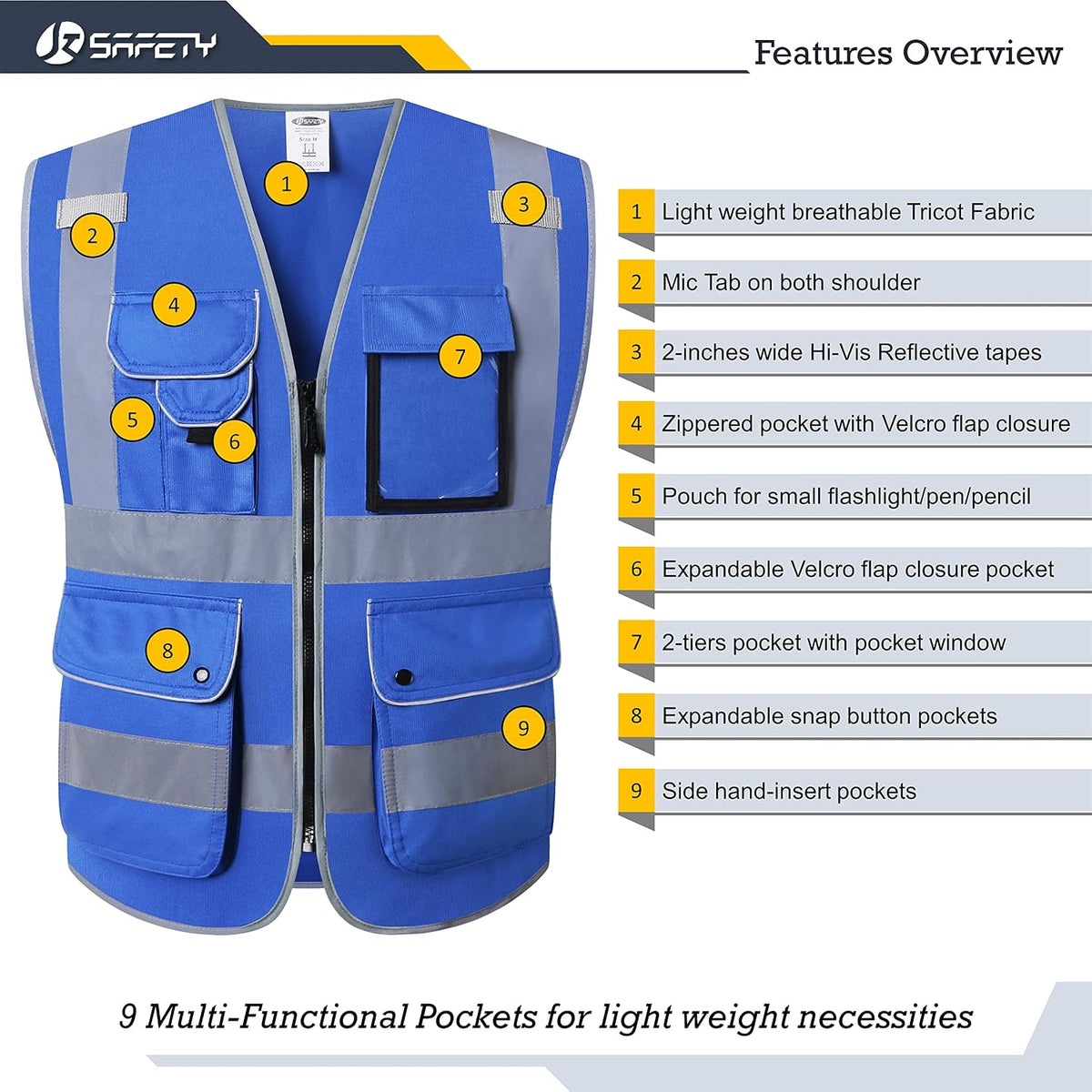 JKSafety 9 Pockets Class 2 High Visibility Zipper Front Safety Vest With Reflective Strips,Meets ANSI/ISEA Standard (Large, 150-Yellow) - Colors A