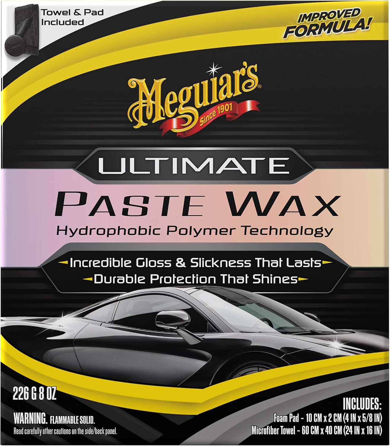 Meguiar's Ultimate Paste Wax, Premium Car Wax for a Deep Gloss with Lasting Protection, Easy to Apply and Remove, Clear Coat Safe, Microfiber Towel and Applicator Included, 8 Oz Paste