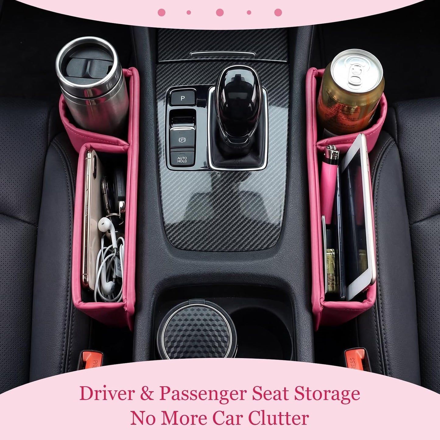 Aliceset 2 Pack Pink Car Seat Gap Filler Organizer with Cup Holder and Storage Leather Car Organizer for Keys Cards Phone Sunglasses and Small Items