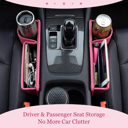 Aliceset 2 Pack Pink Car Seat Gap Filler Organizer with Cup Holder and Storage Leather Car Organizer for Keys Cards Phone Sunglasses and Small Items