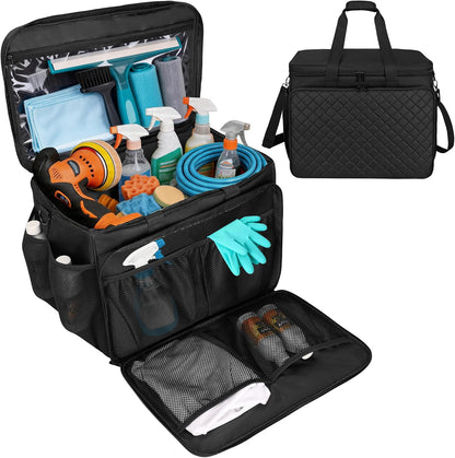 Large Car Detailing Organizer with Hard Pad Support, Car Detailing Bag with Multiple Pockets, Cleaning Bags for Housekeepers, Cleaning Supply Bag, Black