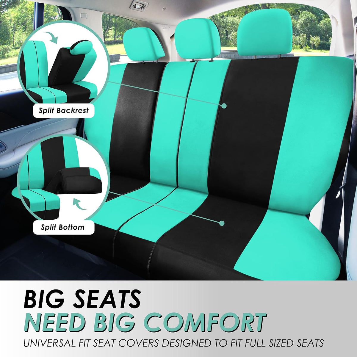 FH Group Full Set Cloth Car Seat Covers, Universal Fit Front and Split Bench Rear, Airbag Compatible, Washable for SUV, Sedan, Van - Black